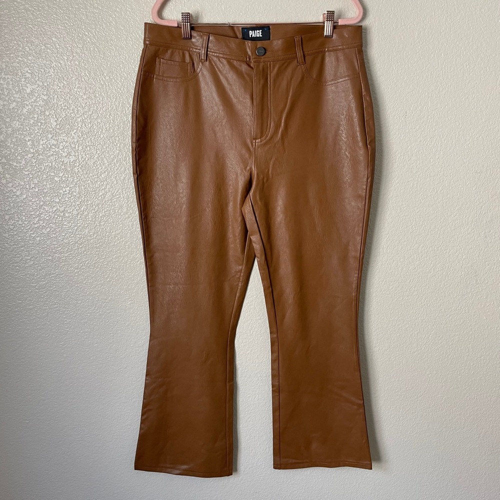 PAIGE Pants Womens Size 32 Brown Claudine Vegan Faux Leather Flare High Rise NEW - Picture 3 of 12